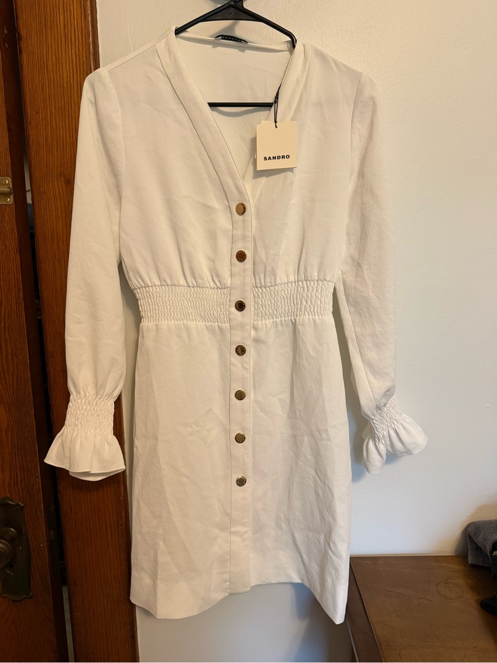 NWT Sandro White Button-Front Smocked-Waist Long Sleeve Dress